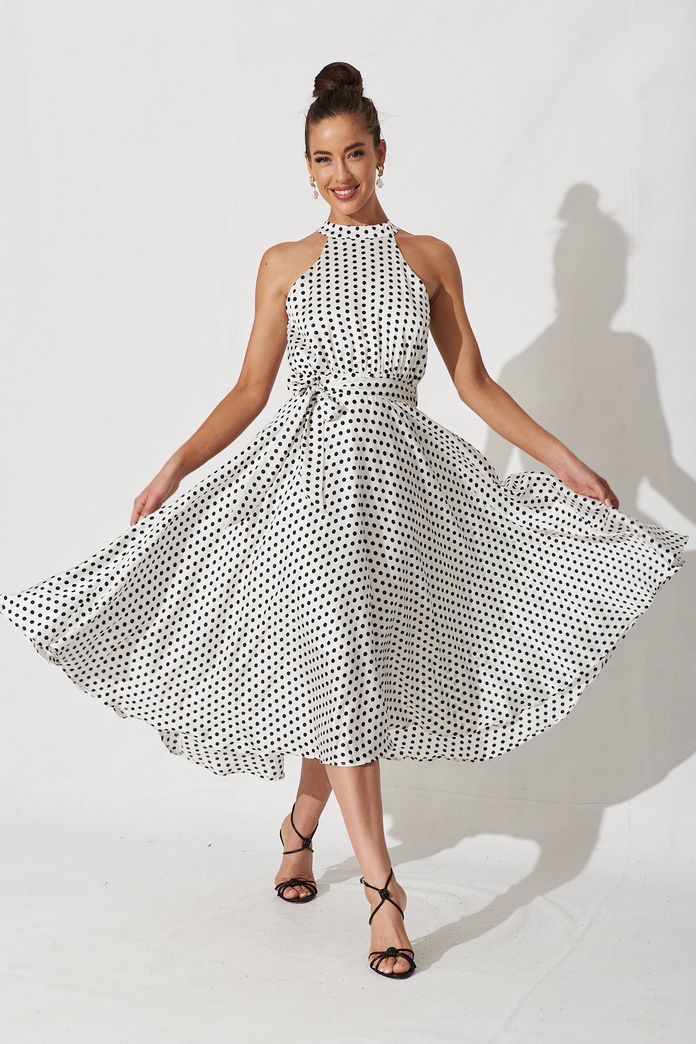 Nadia Midi Dress In White With Black Spot Satin - full length