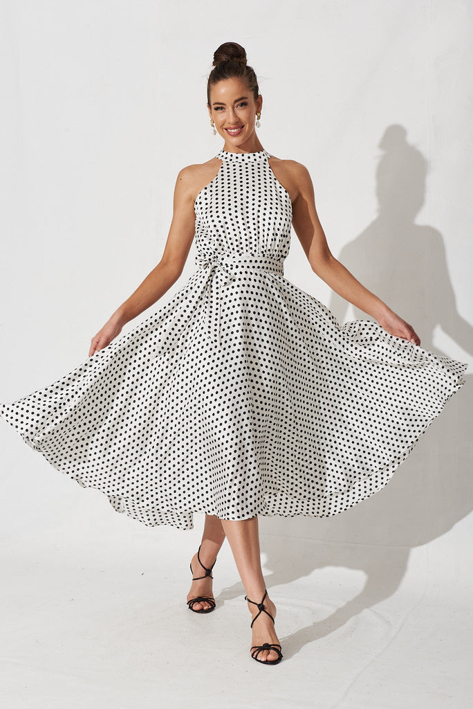 Nadia Midi Dress In White With Black Spot Satin - full length
