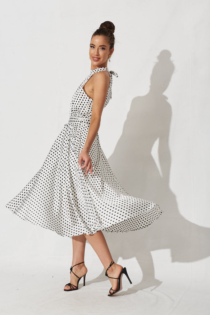 Nadia Midi Dress In White With Black Spot Satin - side