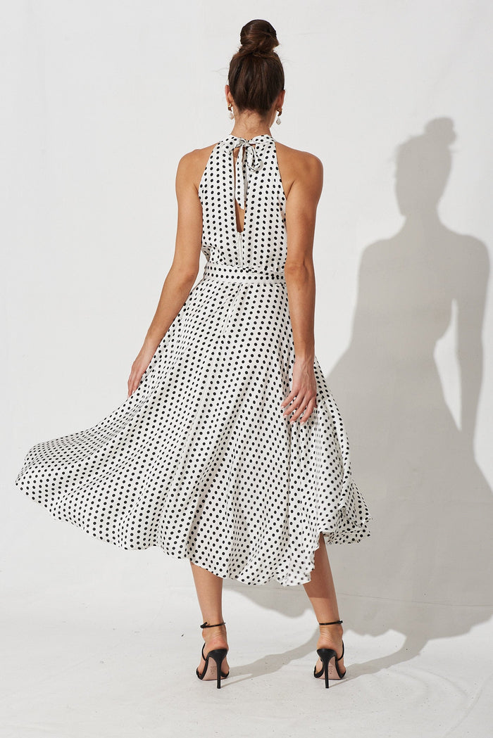 Nadia Midi Dress In White With Black Spot Satin - back
