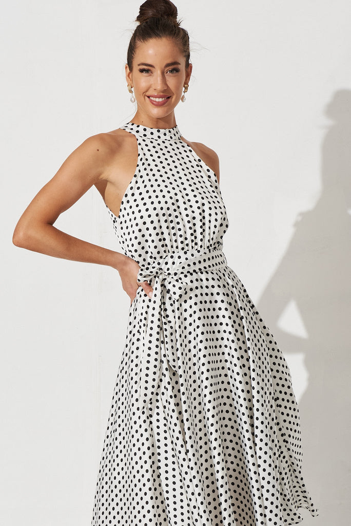 Nadia Midi Dress In White With Black Spot Satin - front