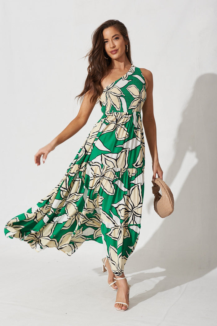 Anzio Maxi Dress In Green With Beige Floral - full length