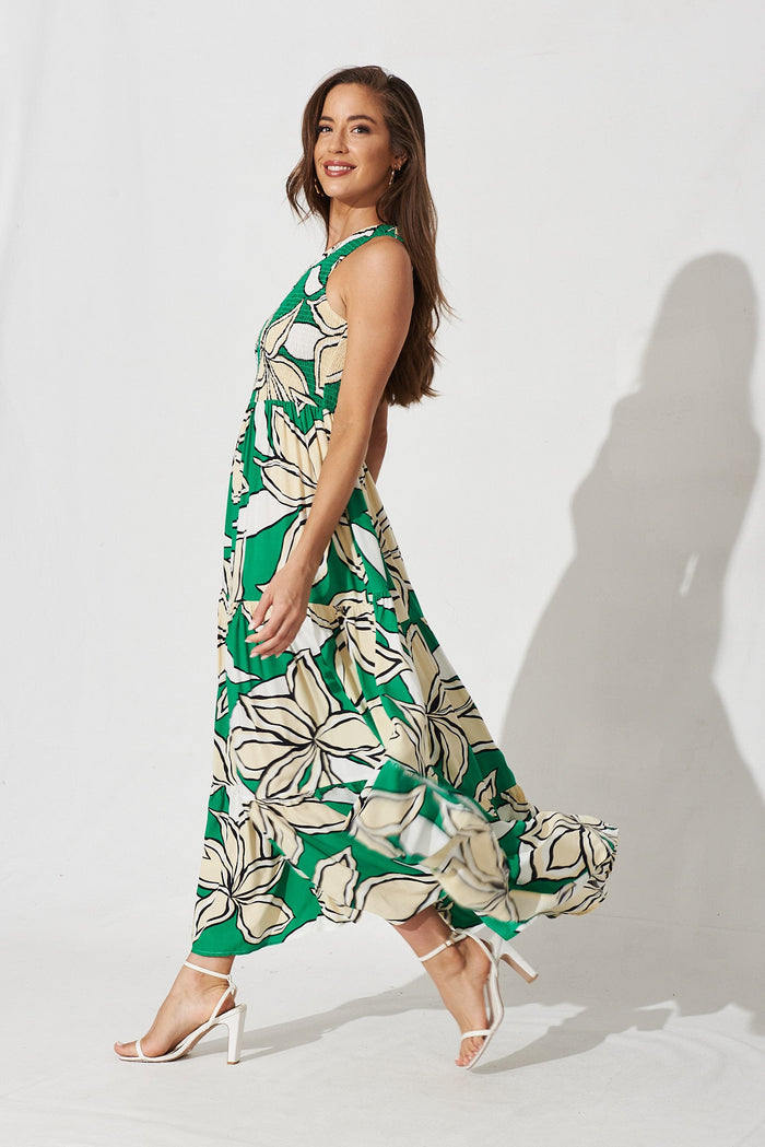 Anzio Maxi Dress In Green With Beige Floral - side