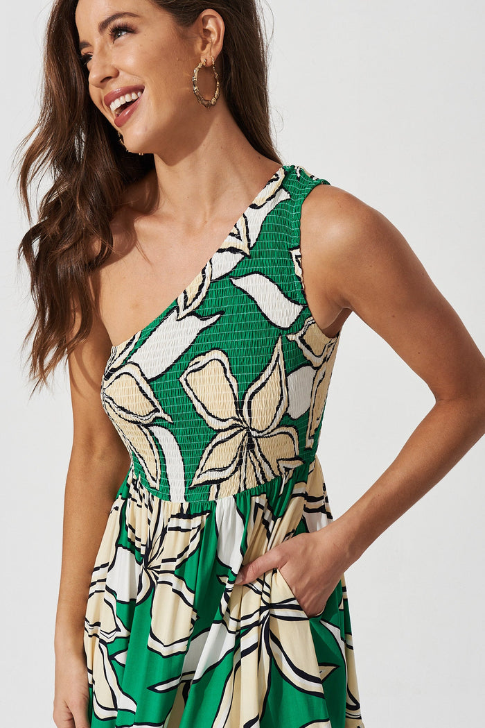 Anzio Maxi Dress In Green With Beige Floral - detail