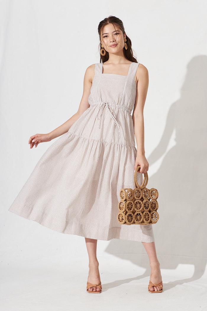 Savona Mid Dress In Beige With Stripe - full length
