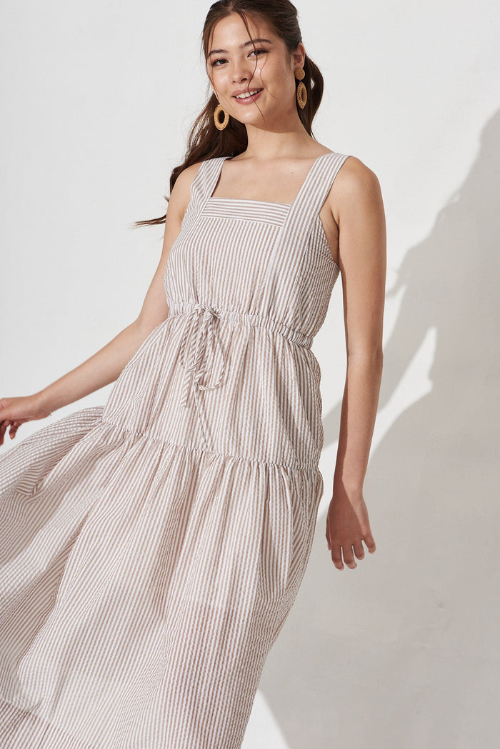 Savona Mid Dress In Beige With Stripe - front