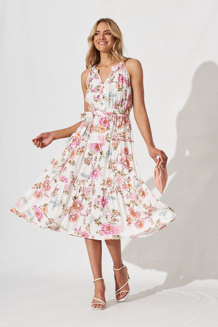 Hampshire Midi Dress In White With Pink Floral - full length