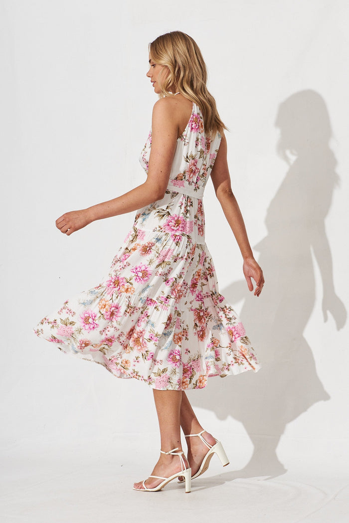Hampshire Midi Dress In White With Pink Floral - side