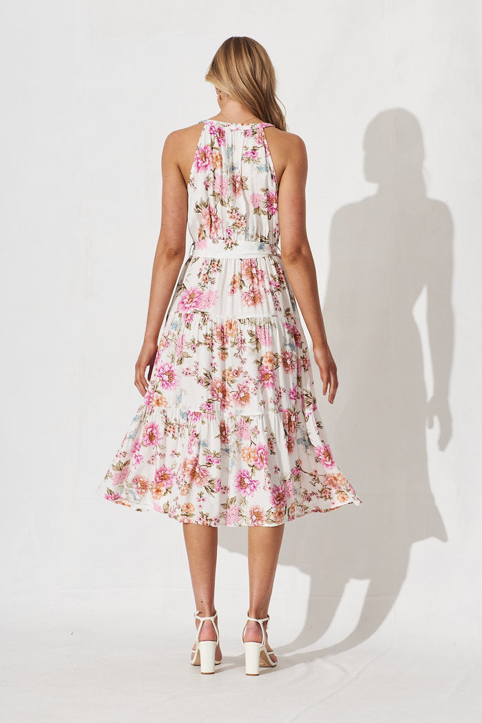 Hampshire Midi Dress In White With Pink Floral - back