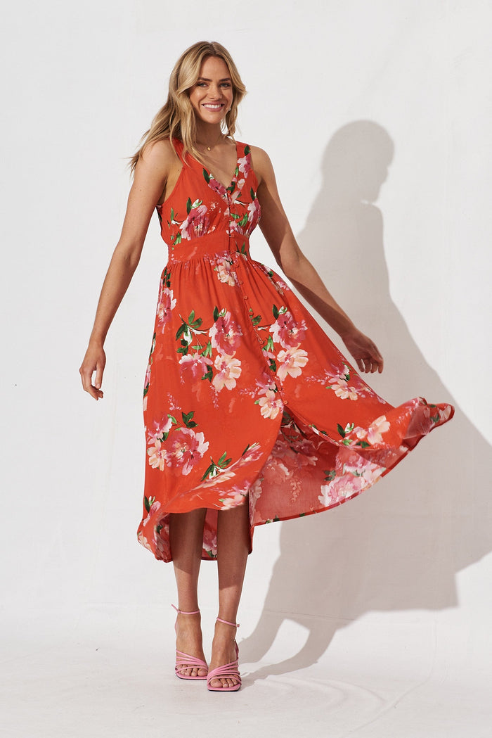 Durham Midi Dress In Red Floral - full length