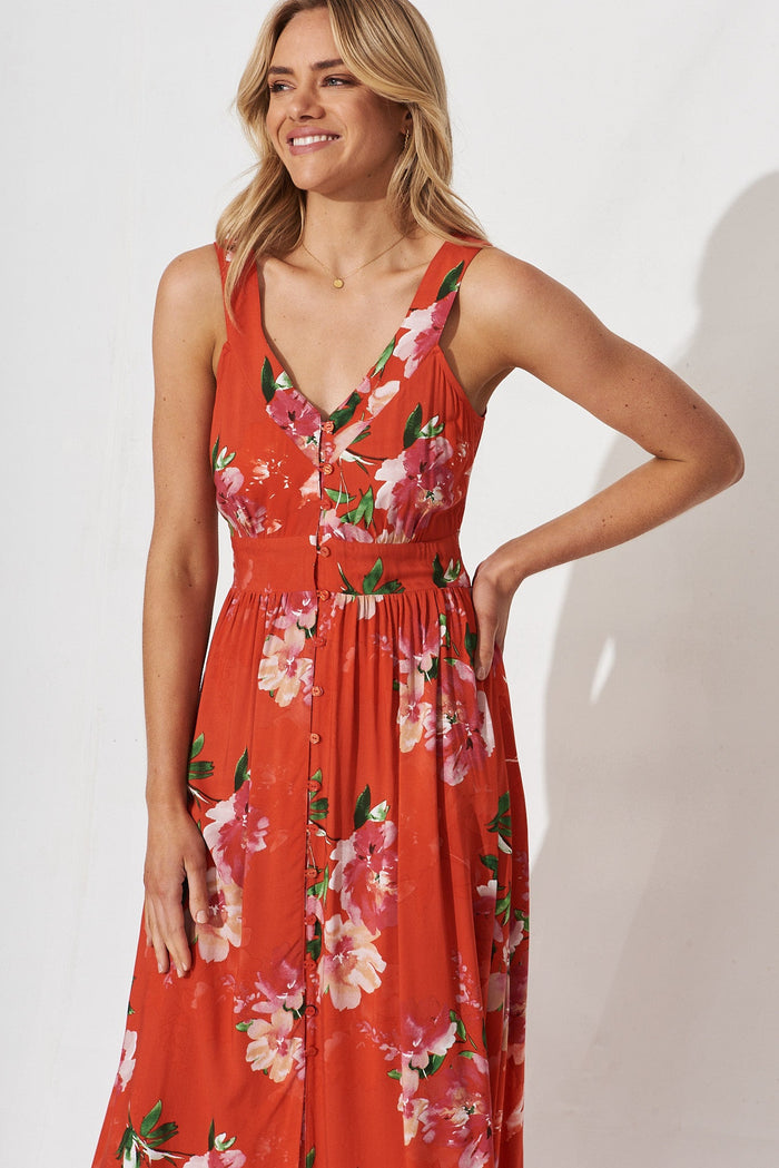 Durham Midi Dress In Red Floral - front