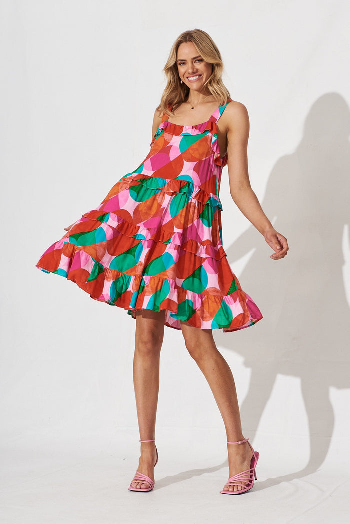 Wales Smock Dress In Multi Red And Green Print - full length
