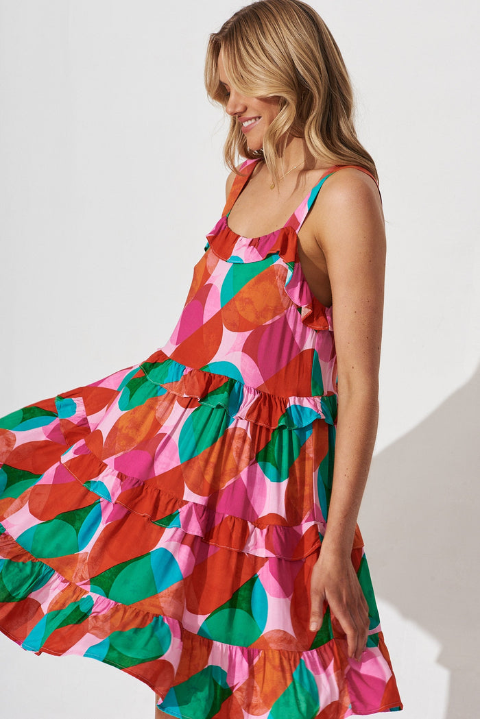 Wales Smock Dress In Multi Red And Green Print - detail