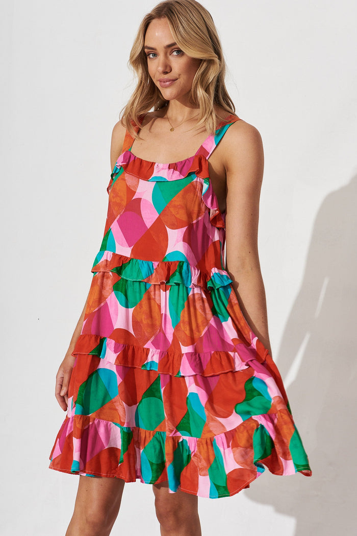 Wales Smock Dress In Multi Red And Green Print - front