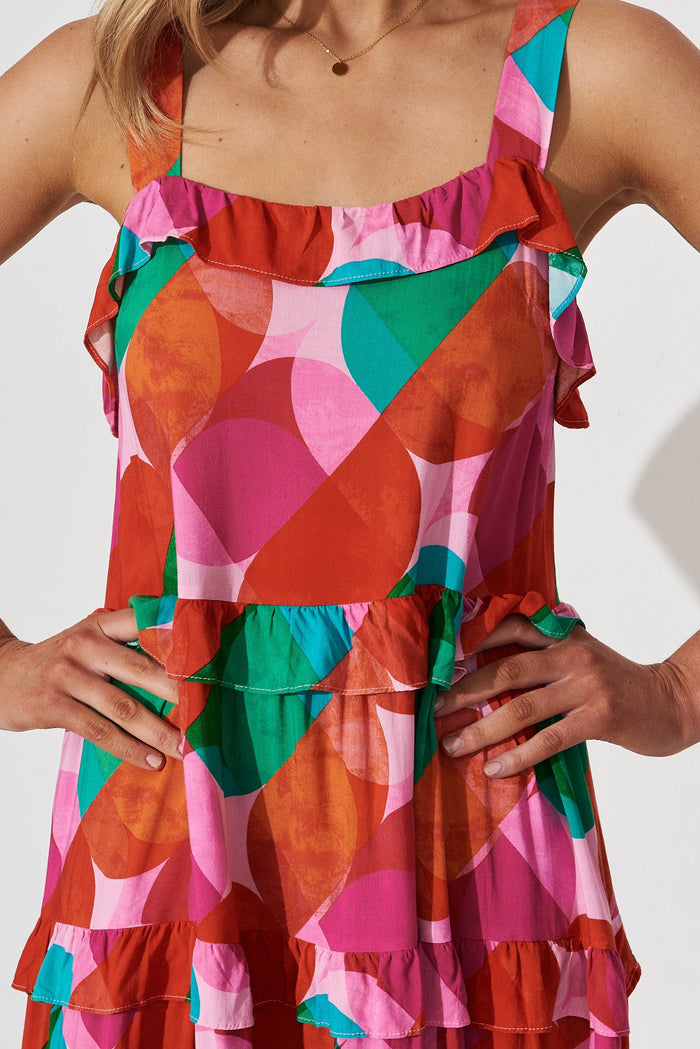 Wales Smock Dress In Multi Red And Green Print - detail