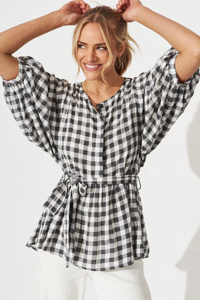 Potenza Top In Black And White Gingham - front