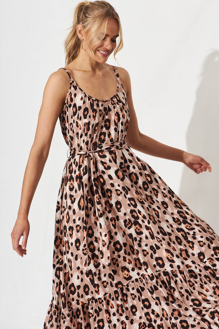 Daintree Maxi Dress In Brown Leopard Print - front