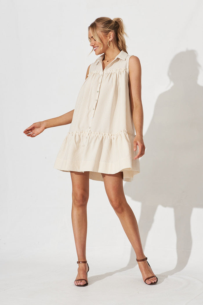 Upney Shirt Dress In Beige With White Stripe - full length