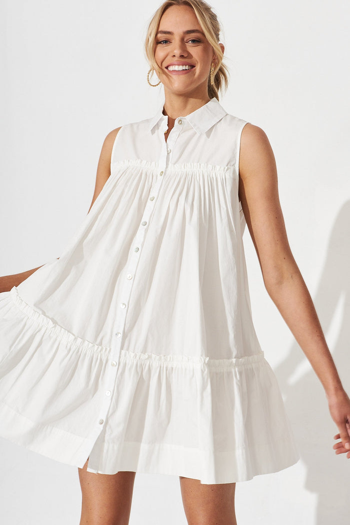 Upney Shirt Dress In White Cotton - front