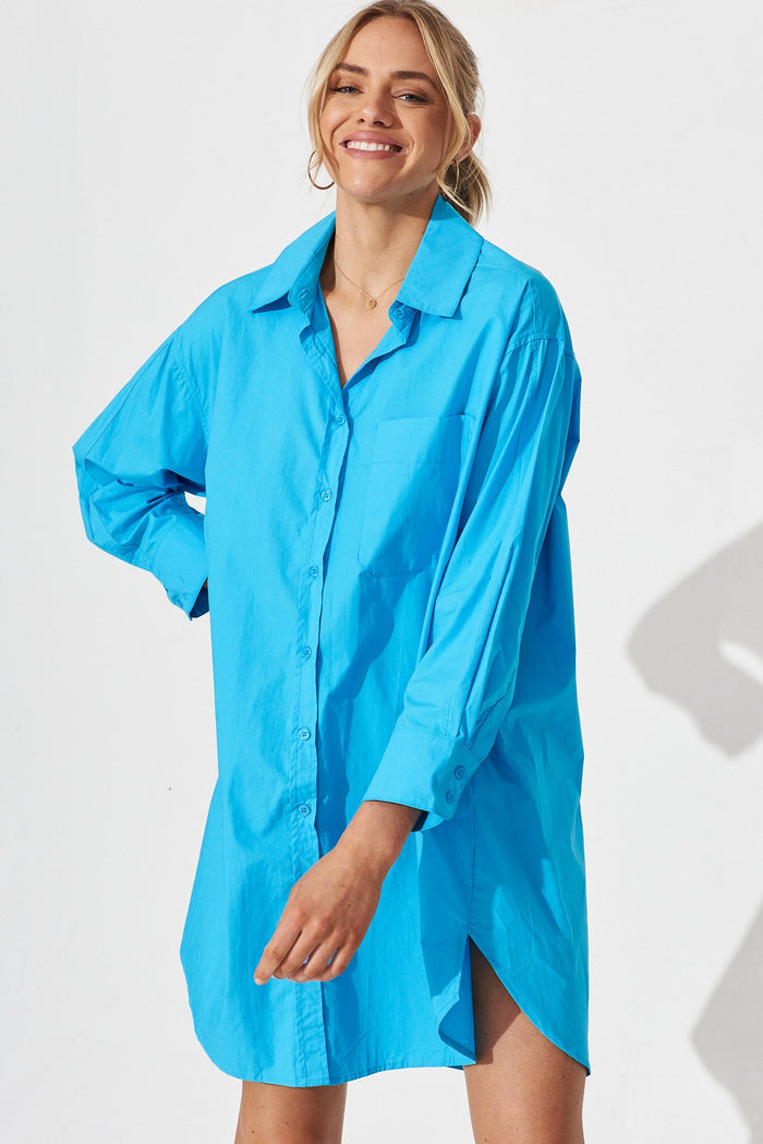 Wembley Shirt Dress in Blue Cotton - front