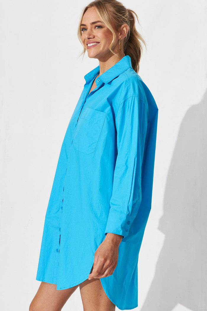 Wembley Shirt Dress in Blue Cotton - side