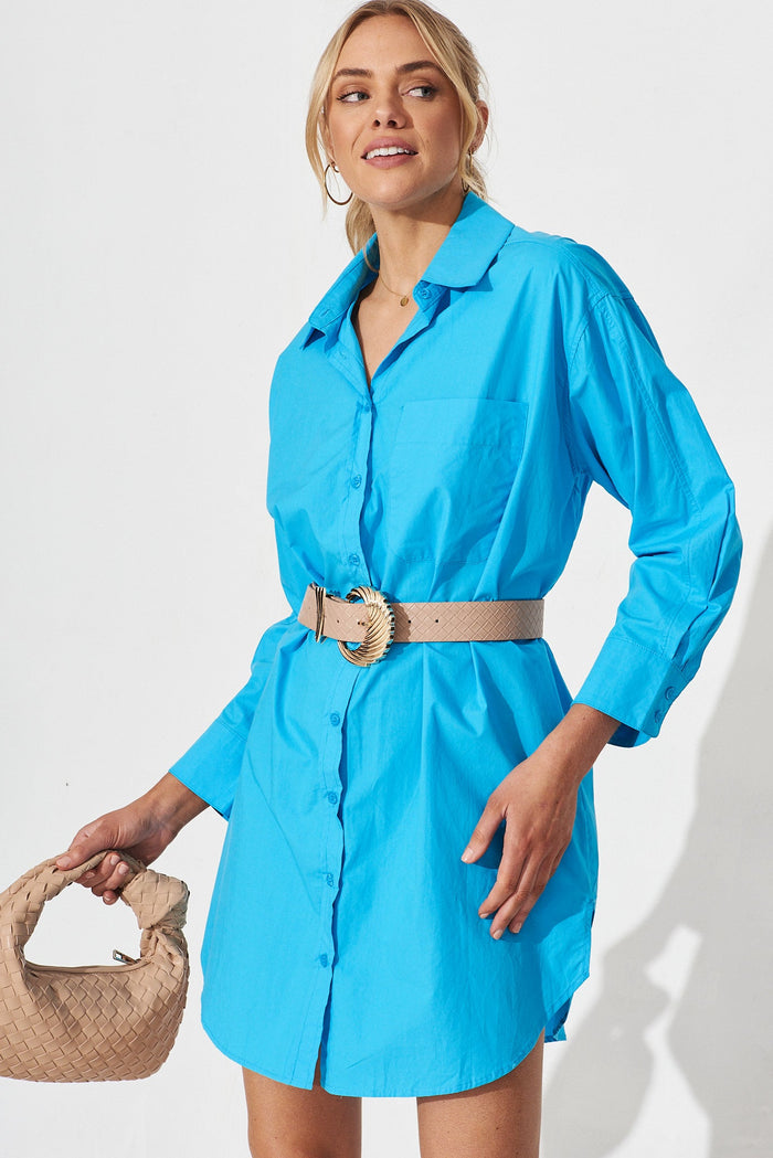 Wembley Shirt Dress In Blue Cotton - front