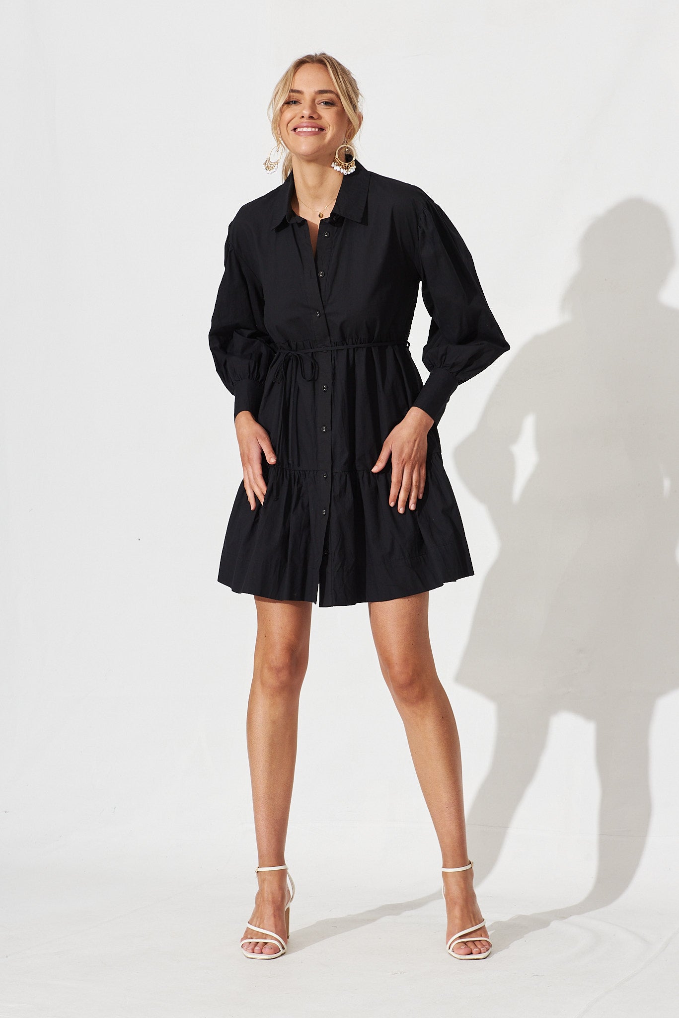 Edgware Shirt Dress In Black Cotton - full length
