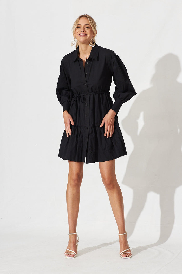 Edgware Shirt Dress In Black Cotton - full length