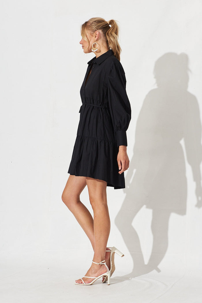 Edgware Shirt Dress In Black Cotton - side