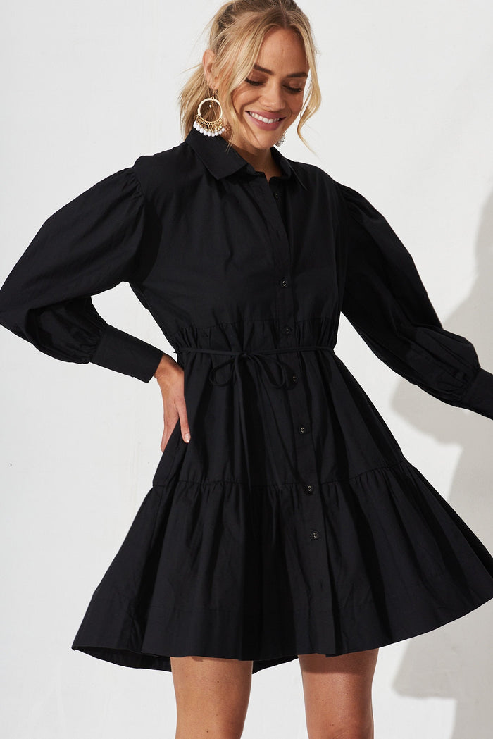 Edgware Shirt Dress In Black Cotton - front