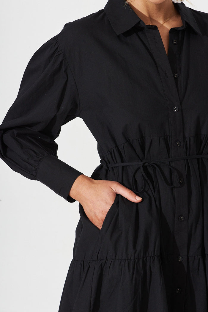 Edgware Shirt Dress In Black Cotton - detail