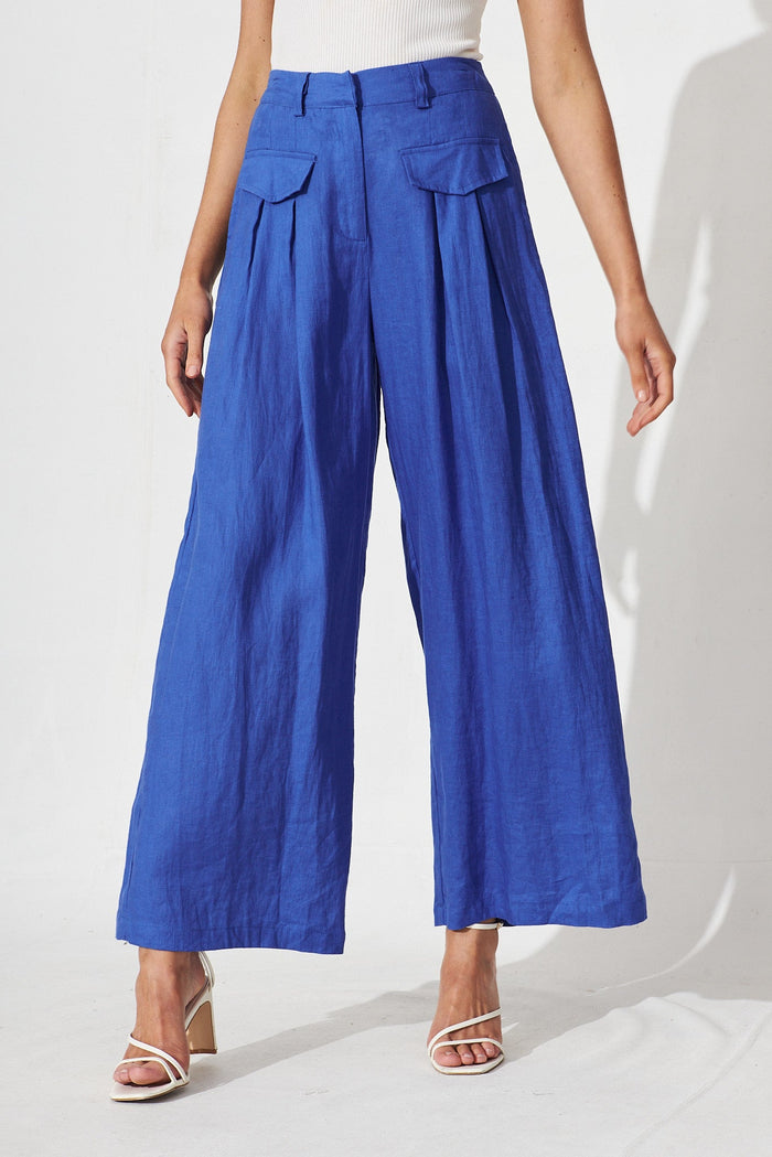 Keynes Pants In Cobalt Blue Linen - front