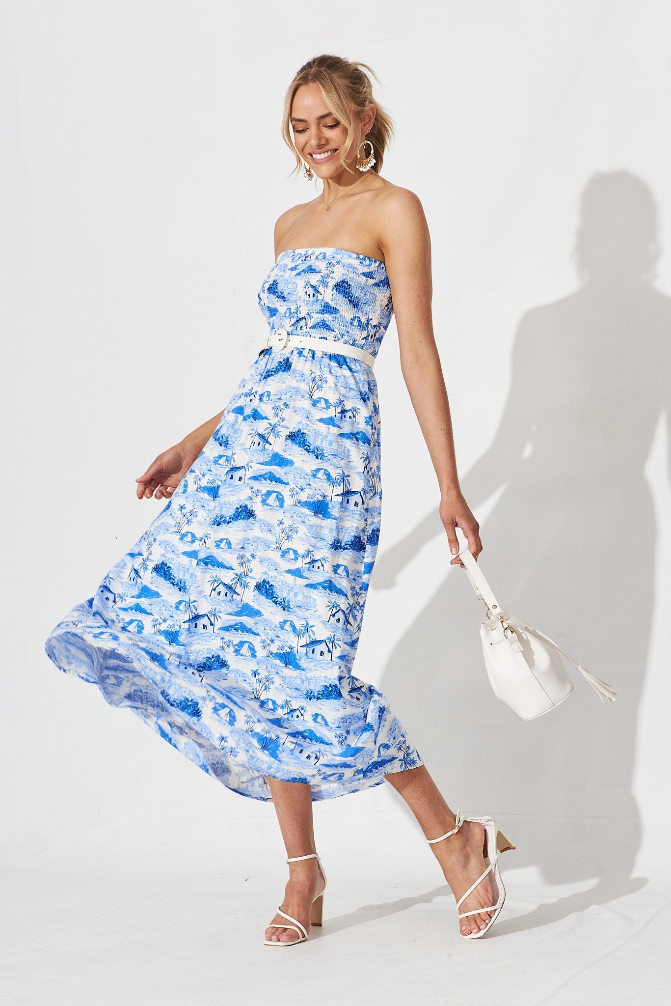 Ouzel Midi Dress In White With Blue Print - full length