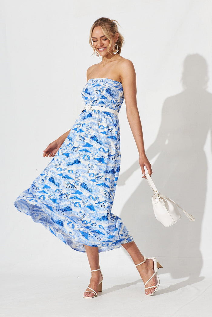 Ouzel Midi Dress In White With Blue Print - full length