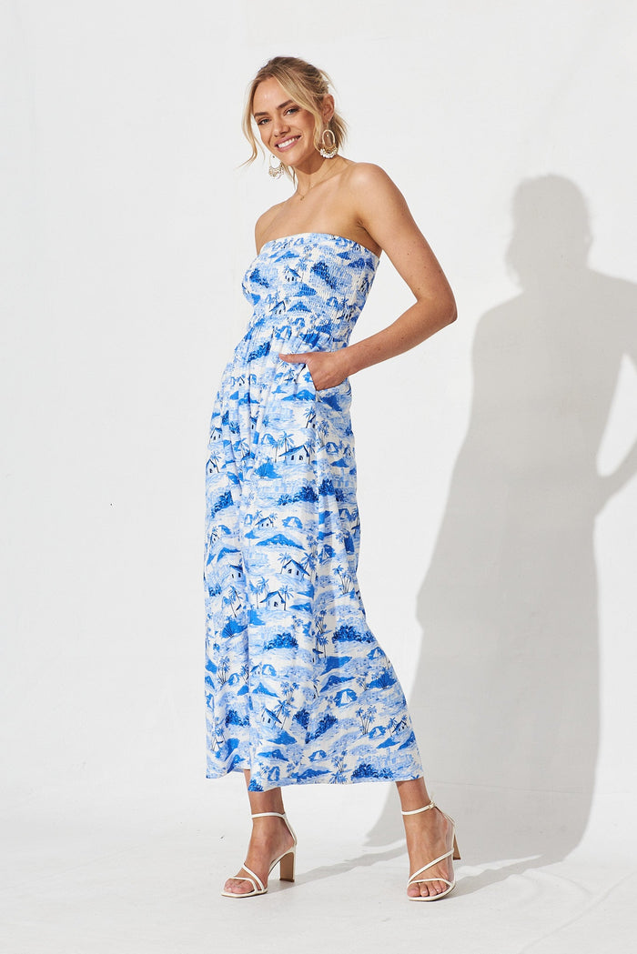 Ouzel Midi Dress In White With Blue Print - full length