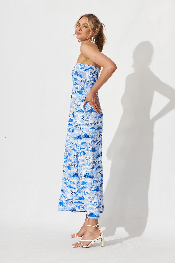 Ouzel Midi Dress In White With Blue Print - side