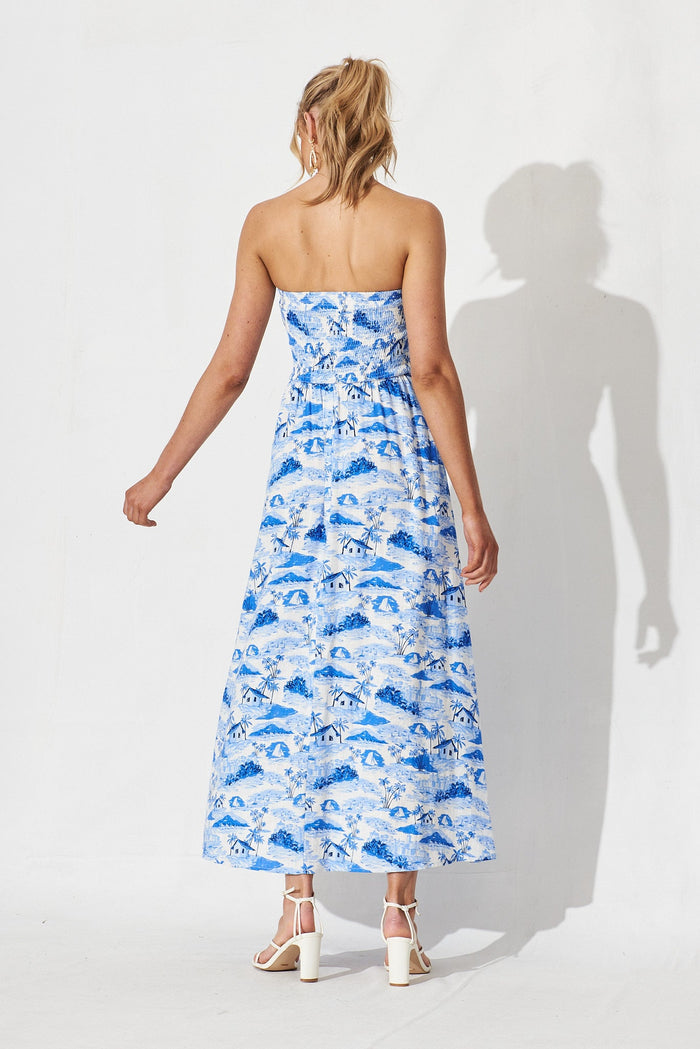 Ouzel Midi Dress In White With Blue Print - back