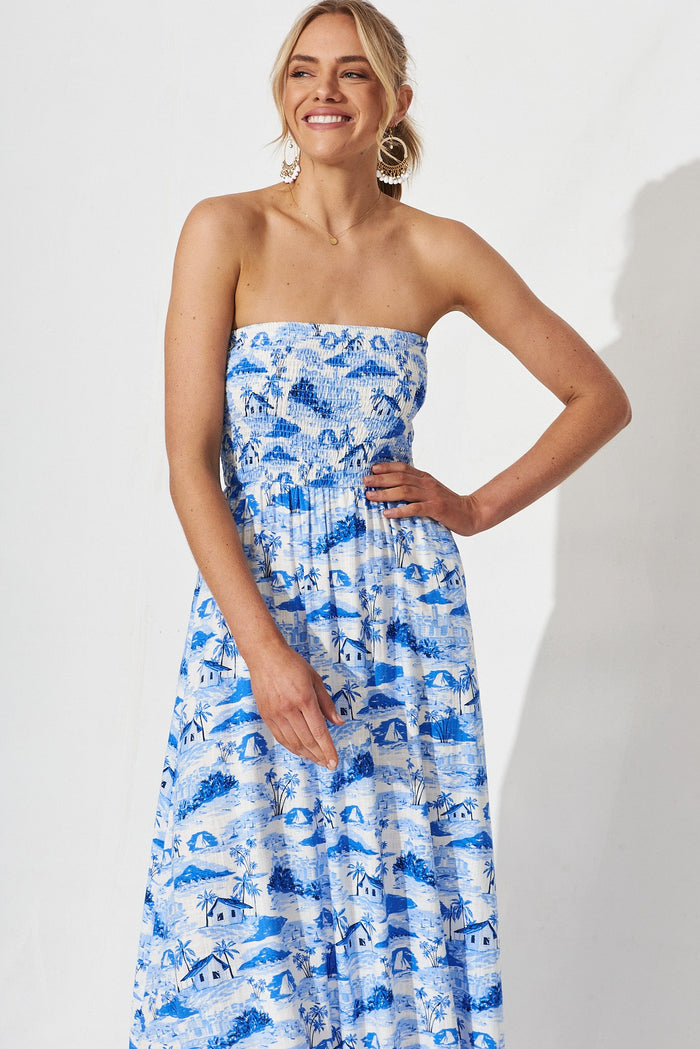 Ouzel Midi Dress In White With Blue Print - front