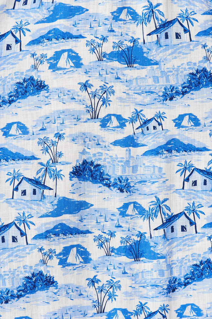 Ouzel Midi Dress In White With Blue Print - fabric