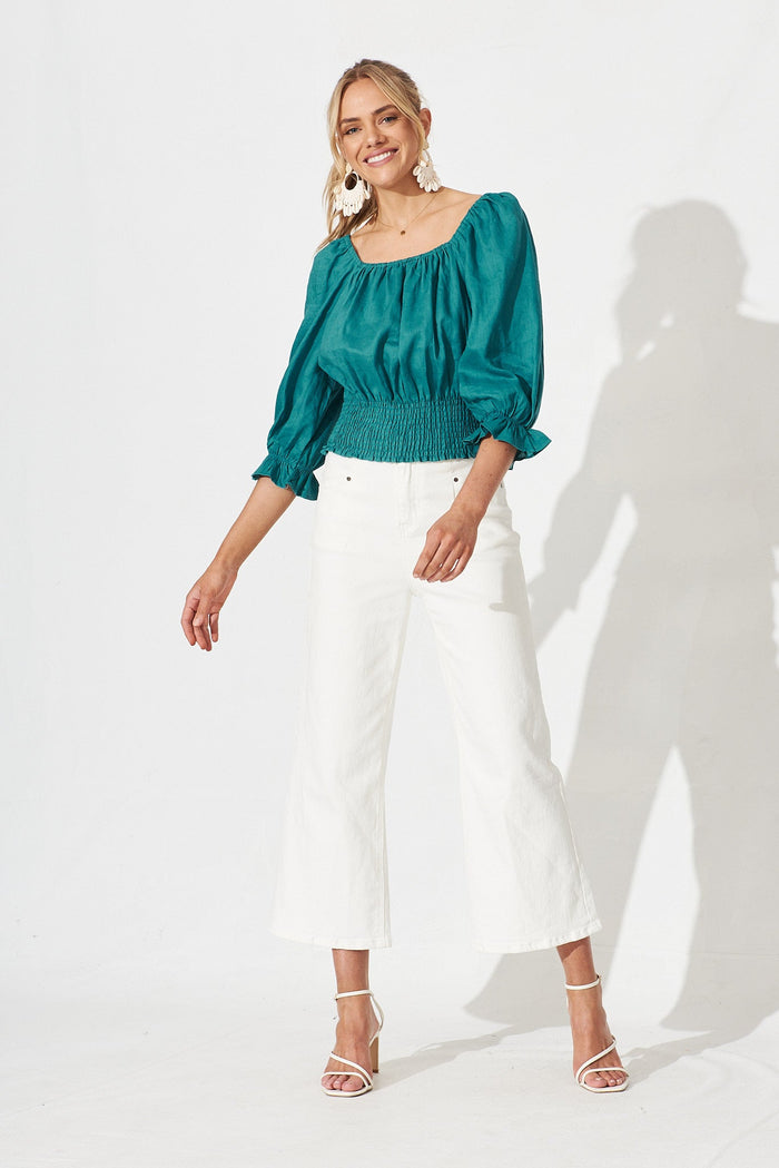Sanremo Top In Teal Linen - full length