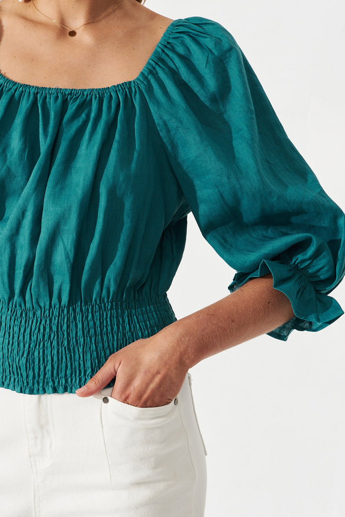 Sanremo Top In Teal Linen - detail