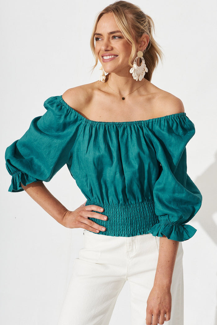 Sanremo Top In Teal Linen - front