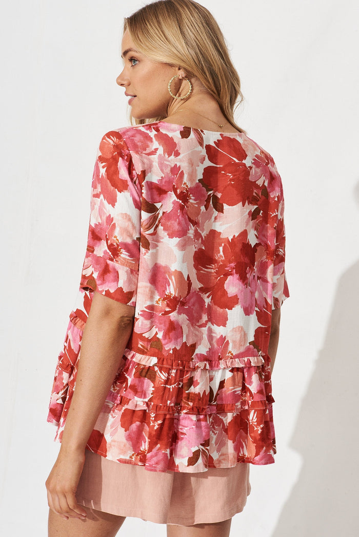 Hagia Top In Pink Floral Linen Blend - back