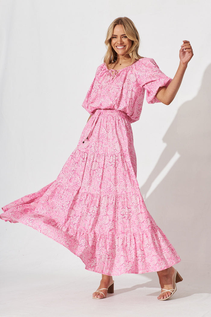 Stirling Maxi Skirt In Pink Floral Cotton - full length