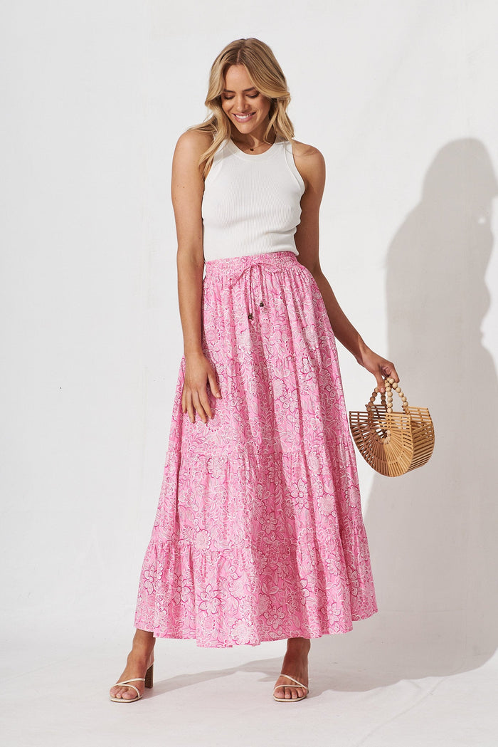 Stirling Maxi Skirt In Pink Floral Cotton - full length