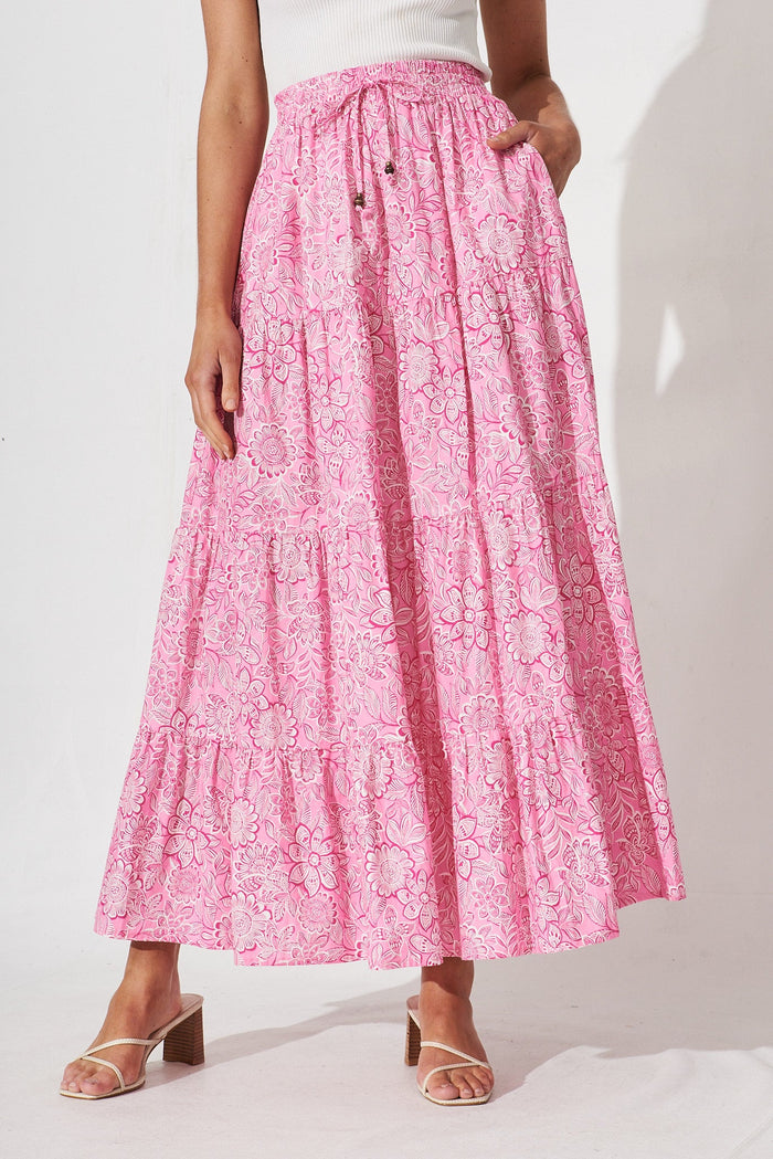 Stirling Maxi Skirt In Pink Floral Cotton - front
