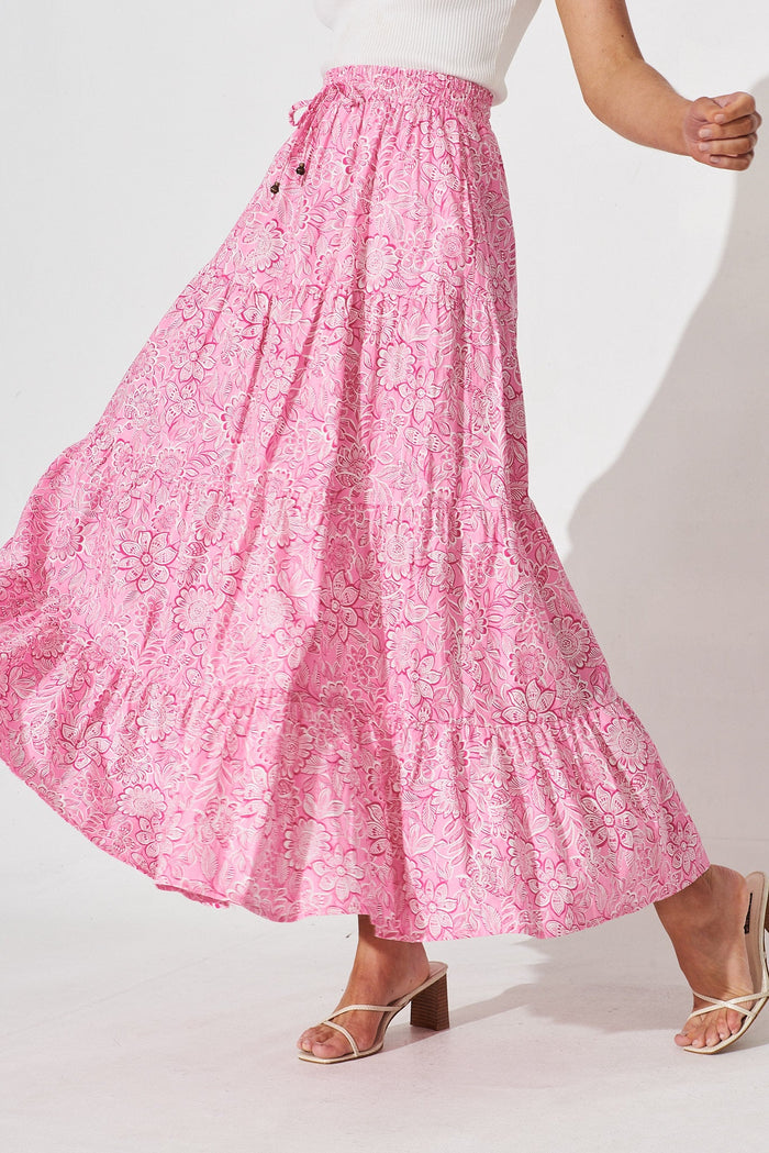 Stirling Maxi Skirt In Pink Floral Cotton - front