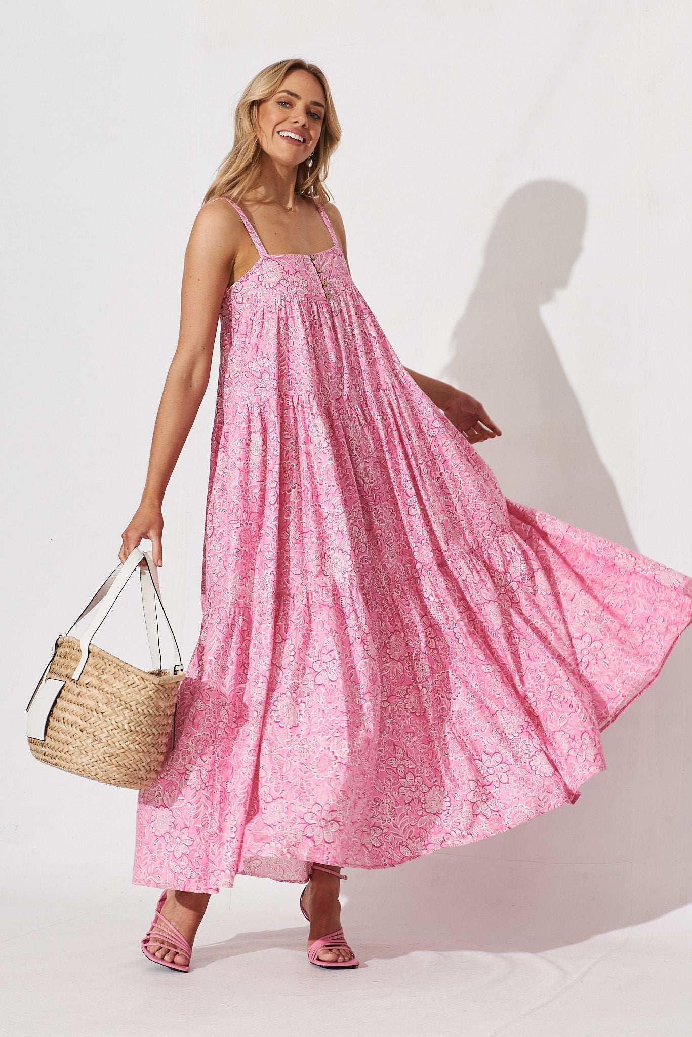 Newry Maxi Smock Dress In Pink Floral Cotton - full length