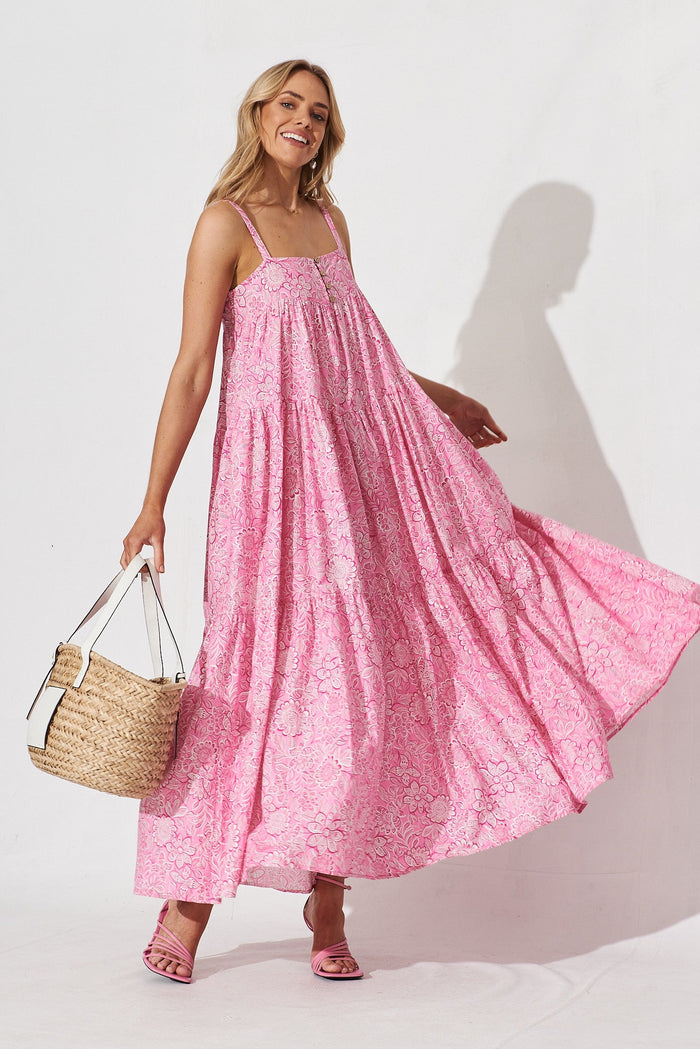 Newry Maxi Smock Dress In Pink Floral Cotton - full length