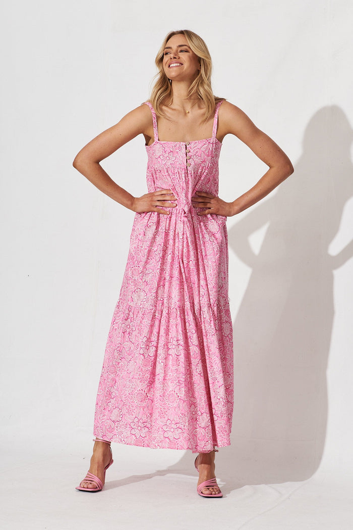 Newry Maxi Smock Dress In Pink Floral Cotton - full length